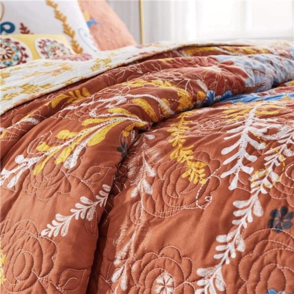 NEW Anthro Queen / King Floral Boho Reversible Quilt Bedspread Blanket Sham Set - Picture 5 of 13
